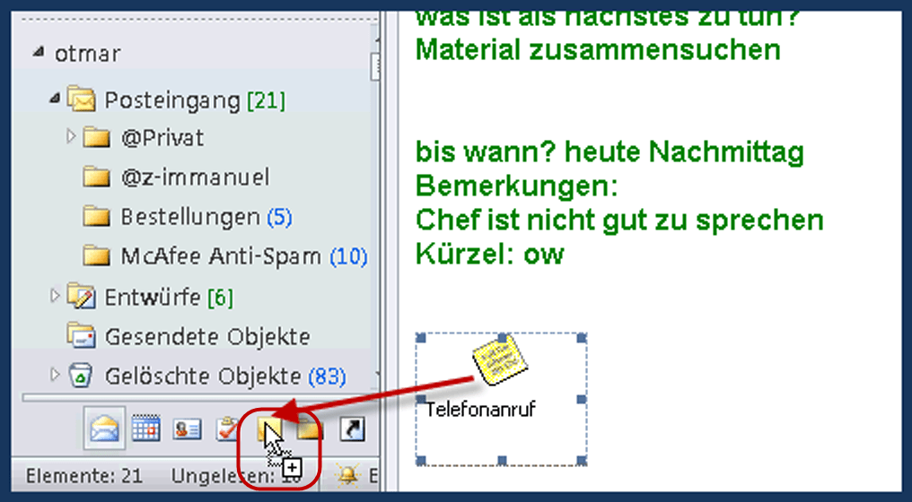 Abbildung 3: die per E-Mail erhaltene Notiz per Drag & Drop in den Notizen speichern